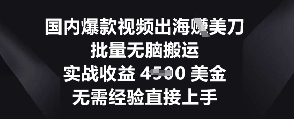 国内爆款视频出海挣美刀，批量无脑搬运，实战收益4.5k，无需经验直接上手-恒屹网络轻创终点站